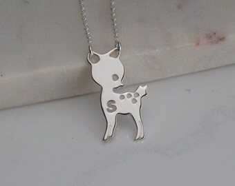 Personalized Bambi Necklace with Initial in Sterling Silver - Custom Animal Pendant for Kids - Cute Pet Lovers Jewelry - Gift for Children