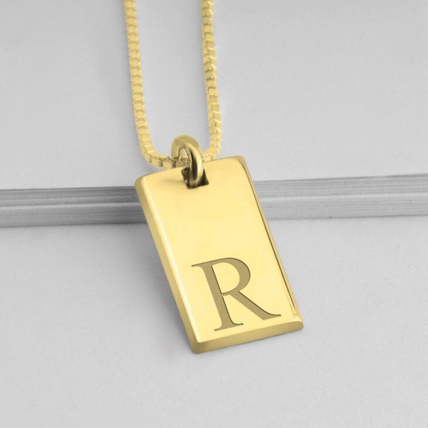Small Bar Initial Necklace - Sterling Silver, Gold or Rose Gold Plated - Tiny  Laser Engraved Letter Pendant - Jewelry Gift for Christmas