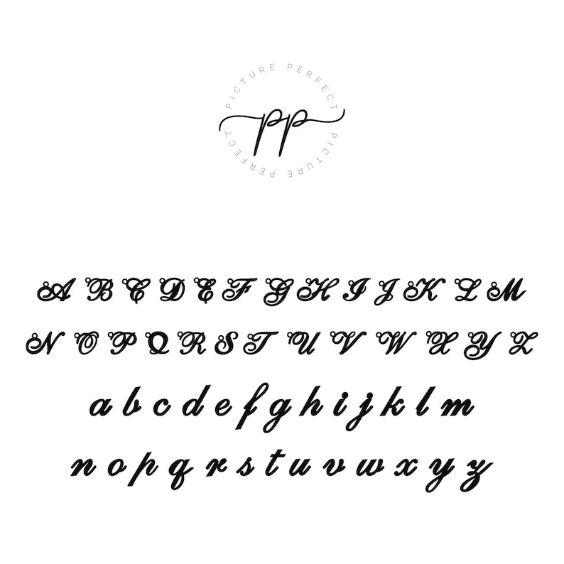 May include: A black and white alphabet font in a cursive style. The letters are in uppercase and lowercase. The font is called "Picture Perfect".