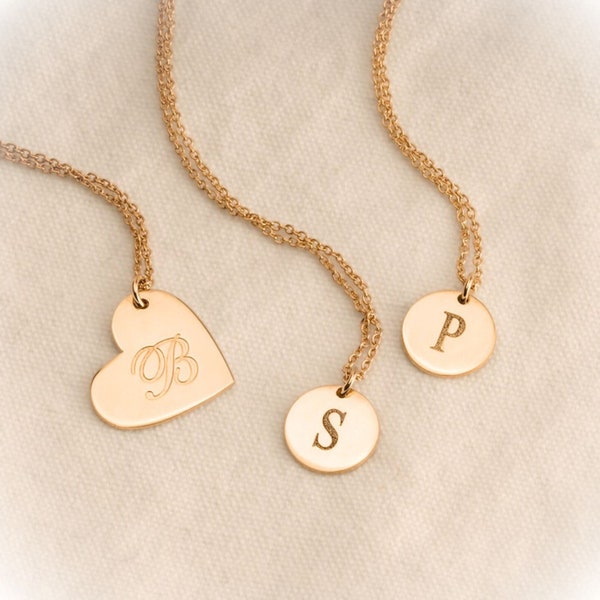 Minimalist Initial Coin Necklace in Sterling Silver - Laser Engraved Letter Pendant - 14K Gold or  Rose Gold Plated Jewelry