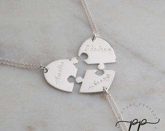 Broken Heart Best Friend Necklaces To Share for Three - Puzzle Name Jewelry for Sisters from Family - Jigsaw Friendship Pendants  & 3 Chains