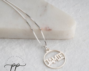 Circle Disc Name Necklace - Cut Out Name Pendant - DOUBLE THICK Pendant 1.2mm - BOX Chain - Personalized Delicate Circle Necklace For Her