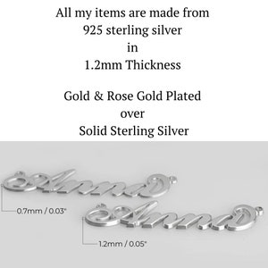 May include: Two silver nameplates with the word "amma" in a cursive font. The nameplates are 0.7mm and 1.2mm thick. The text "All my items are made from 925 sterling silver in 1.2mm Thickness Gold & Rose Gold Plated over Solid Sterling Silver" is visible above the nameplates.