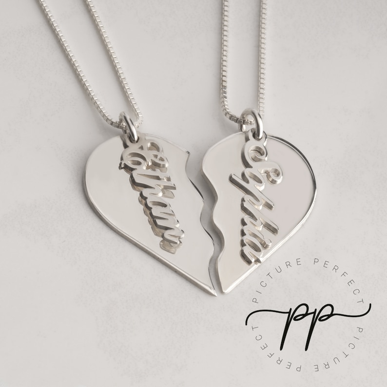 Sterling Silver Split Heart Necklace Set for 2-Best Friend Necklaces with Vertical Names Pendant On It-Handmade Matching Half Heart Necklace image 1