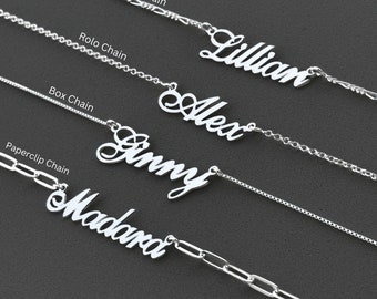 Collar con nombre personalizado - Namplate de plata de ley - Caja, Rolo, Figaro o cadena de clip - Joyería con nombre personalizado - Idea de regalos de Navidad