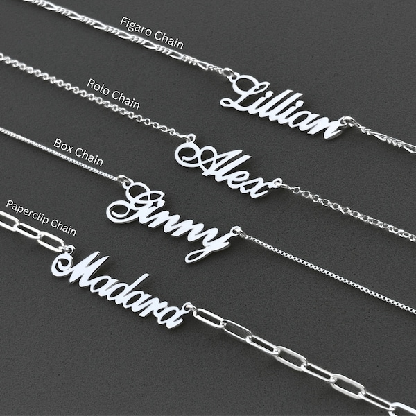 Collier prénom personnalisé - Plaque signalétique en argent sterling - Chaîne en boîte, Rolo, Figaro ou trombone - Bijoux prénom personnalisés - Idée cadeau de Noël