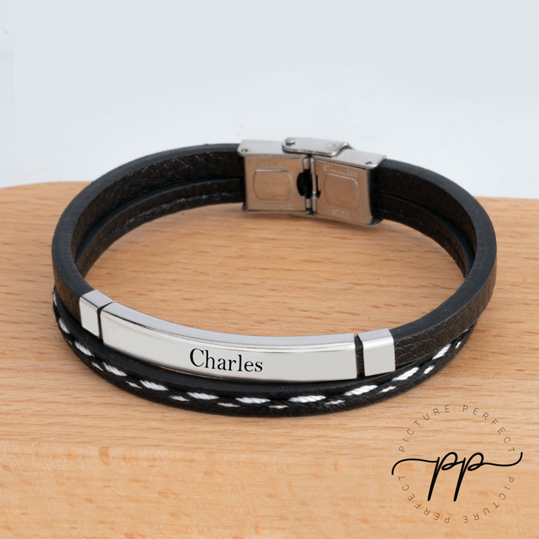 Men's Name Bracelet Black and White Leather Strap Custom Engraving Gent