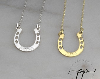 Engraved Horseshoe Necklace - Sterling Silver - Horseback Riding Gift - Small Horse Shoe - Custom Name - Minimalist Pendant THICKER SILVER