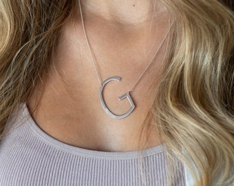 Oversized Initial Necklace Sideways Hanging - Option for Name Engraved - Extra Large Letter Pendant