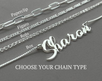 Custom Name Necklace - 925 Sterling Silver Namplate - Box, Rolo, Figaro or Paperclip Chain Option - Personalized Jewelry Gift for Her