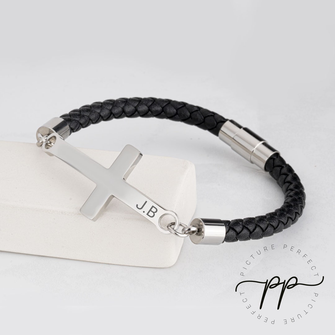 Men's Black Leather Cross Name Bracelet With Braided Rope