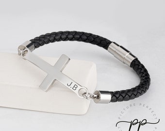 Men's Black Leather Cross Name Bracelet With Braided Rope & Silver Charm