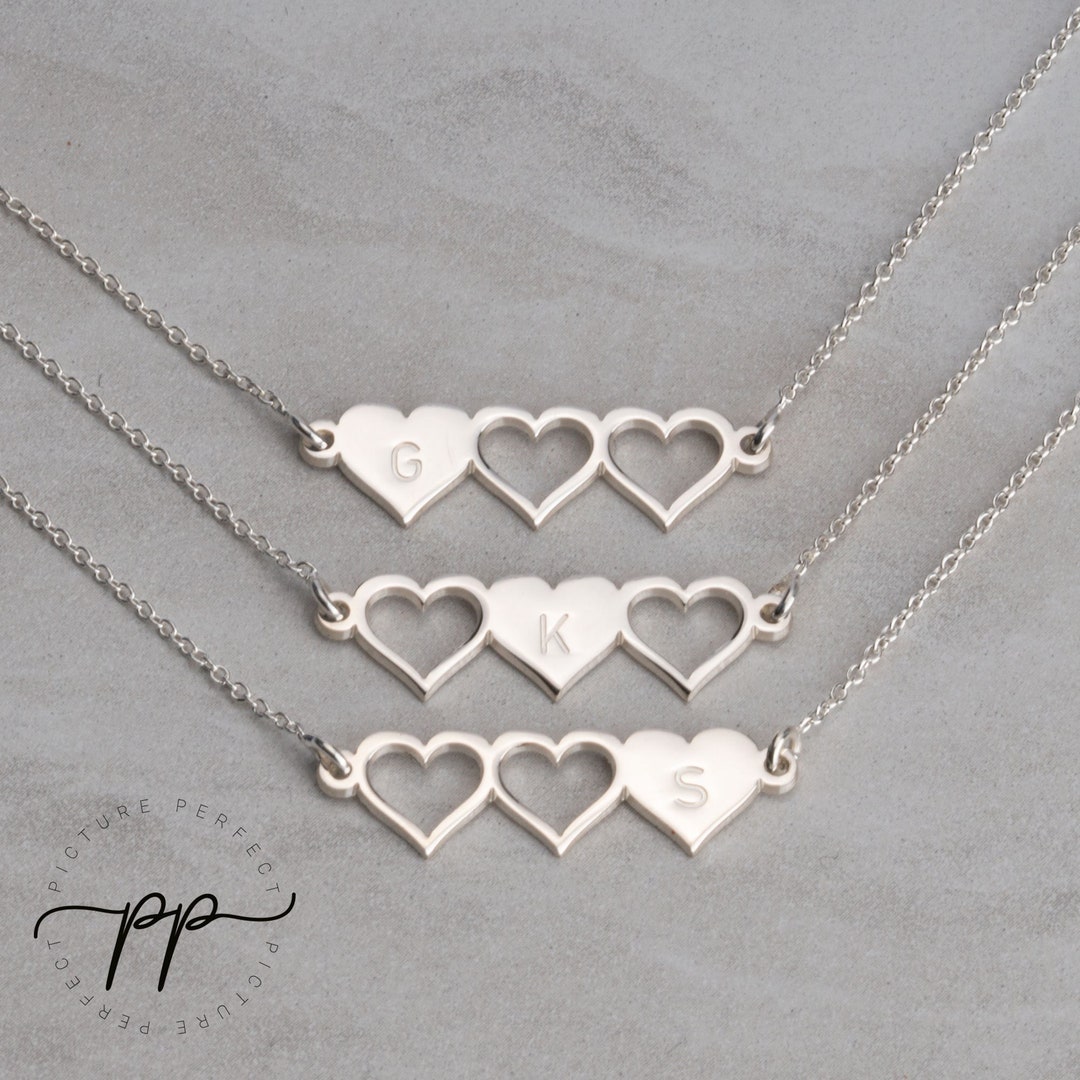 Triple Heart Necklace Set With Initials - Three Necklaces Set