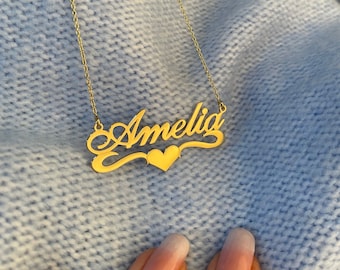 Name Necklace With Heart Underline - Easy To Read Font - Any Name Engraved - Beautifully Cut Out Custom Design