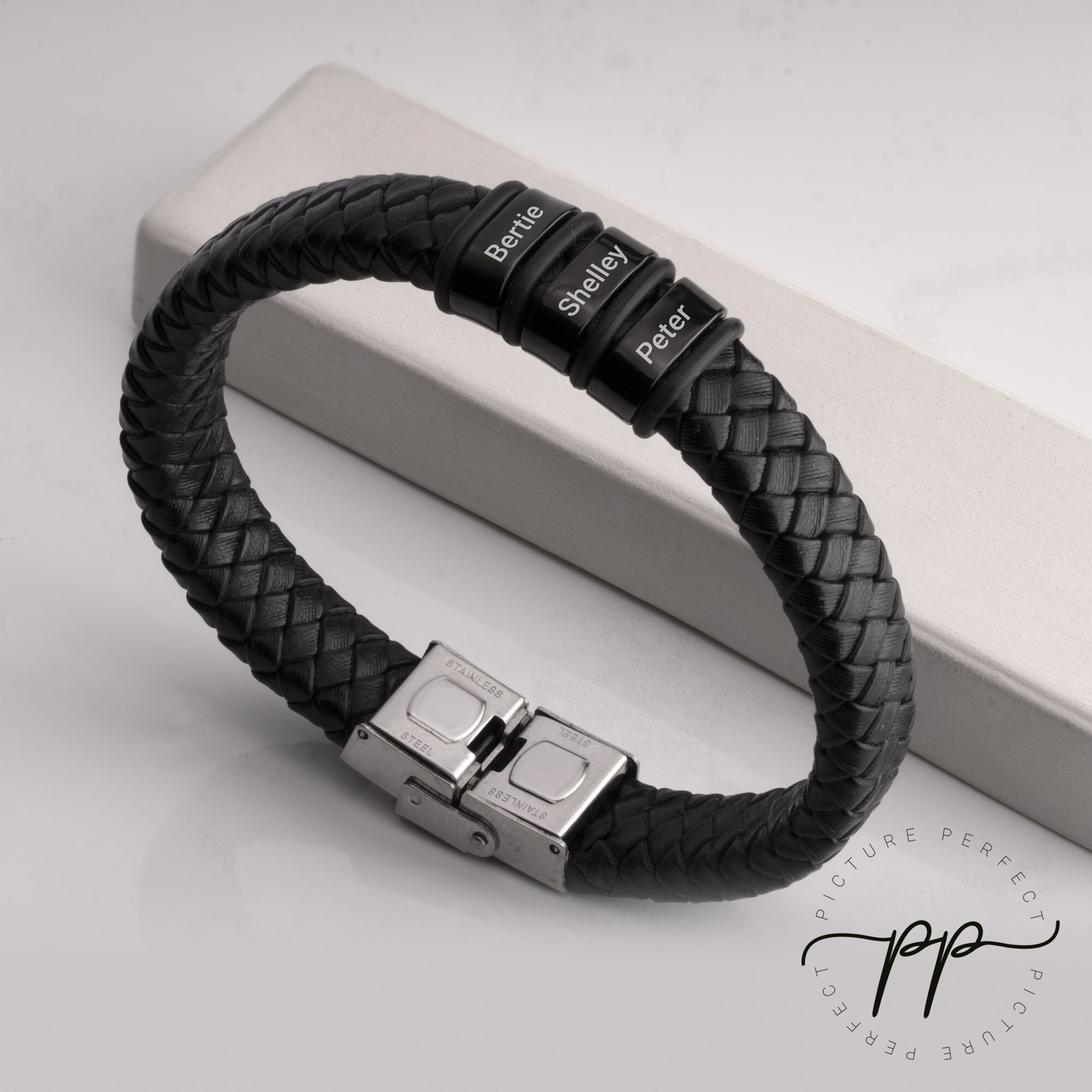 Black Braided Leather Bracelet - Mens Custom Cuff Bracelet - Laser Engraved Kids Name on Silver or Black Metal Charms - Daddy Christmas Gift