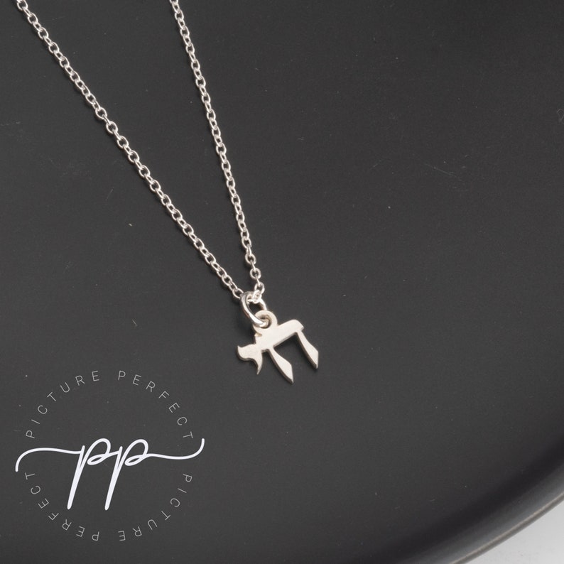 May include: A silver chain necklace with a small silver pendant in the shape of the Hebrew letter Chai.