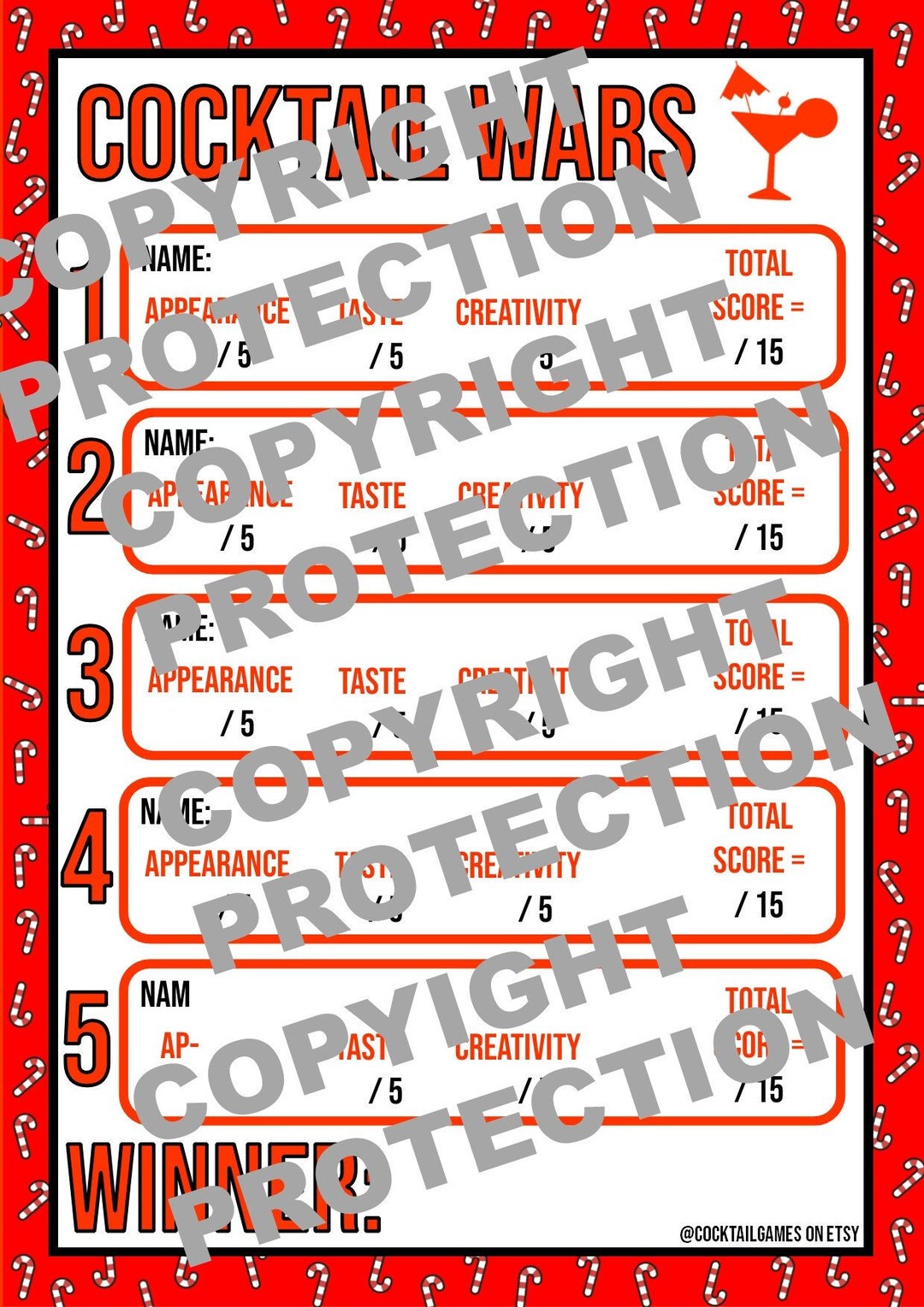 Christmas Cocktail Contest Scorecard Red Candy Cane Drinking Etsy