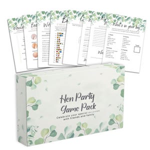 May include: A white box set of Hen Party Game Pack with green and white leaf designs. The box reads "Hen Party Game Pack" and "Celebrate your special occasion with friends and family." Several game cards are visible.