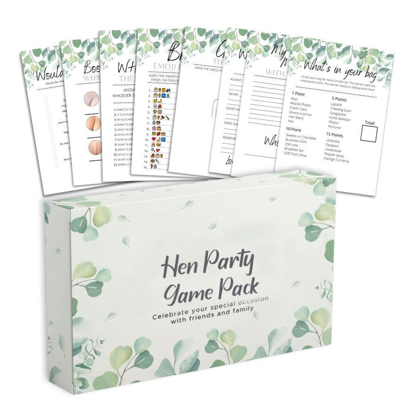 May include: A white box set of Hen Party Game Pack with green and white leaf designs. The box reads "Hen Party Game Pack" and "Celebrate your special occasion with friends and family." Several game cards are visible.