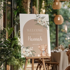 Willkommen bei Babyparty Zeichen, Teddybär, beiges Bärn-Babyparty-Plakat, wir können Bären warten
