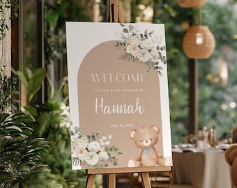 Babyparty Willkommensschild: Teddybär Beiges Blumen Poster