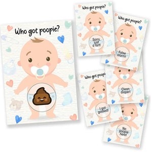 K&ouml;nnte beinhalten: Ein Babyparty-Spiel mit sechs Karten, die ein Cartoon-Baby mit verschiedenen Gesichtsausdr&uuml;cken zeigen. Die Karten haben den Text "Wer hat gepullert?" und verschiedene S&auml;tze wie "Entschuldigung, nur ein Furz!" und "Ich habe gefurzt!"