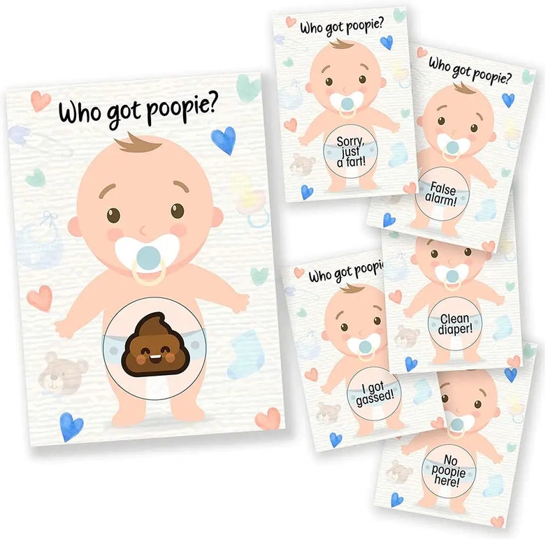 K&ouml;nnte beinhalten: Ein Babyparty-Spiel mit sechs Karten, die ein Cartoon-Baby mit verschiedenen Gesichtsausdr&uuml;cken zeigen. Die Karten haben den Text "Wer hat gepullert?" und verschiedene S&auml;tze wie "Entschuldigung, nur ein Furz!" und "Ich habe gefurzt!"