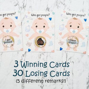 K&ouml;nnte beinhalten: Ein Set mit 33 Babyparty-Spielkarten mit einem Comic-Baby auf jeder Karte. Die Karten haben verschiedene Spr&uuml;che darauf, darunter "Ich habe gefurzt!" und "Saubere Windel!" Die Karten sind f&uuml;r ein Babyparty-Spiel gedacht, bei dem die G&auml;ste erraten m&uuml;ssen, welche Karte zur aktuellen Situation des Babys passt.