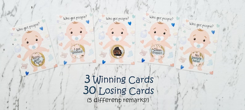 K&ouml;nnte beinhalten: Ein Set mit 33 Babyparty-Spielkarten mit einem Comic-Baby auf jeder Karte. Die Karten haben verschiedene Spr&uuml;che darauf, darunter "Ich habe gefurzt!" und "Saubere Windel!" Die Karten sind f&uuml;r ein Babyparty-Spiel gedacht, bei dem die G&auml;ste erraten m&uuml;ssen, welche Karte zur aktuellen Situation des Babys passt.