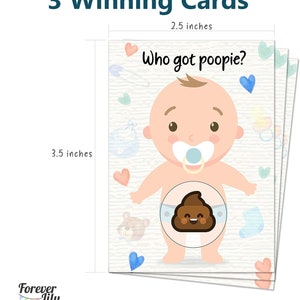 K&ouml;nnte beinhalten: Drei Babyparty-Spielkarten im Format 3,5 x 2,5 Zoll mit einem Cartoon-Baby mit Schnuller und einem l&auml;chelnden Kack-Emoji auf der Windel. Der Text auf der Karte lautet "Wer hat gepupst?"