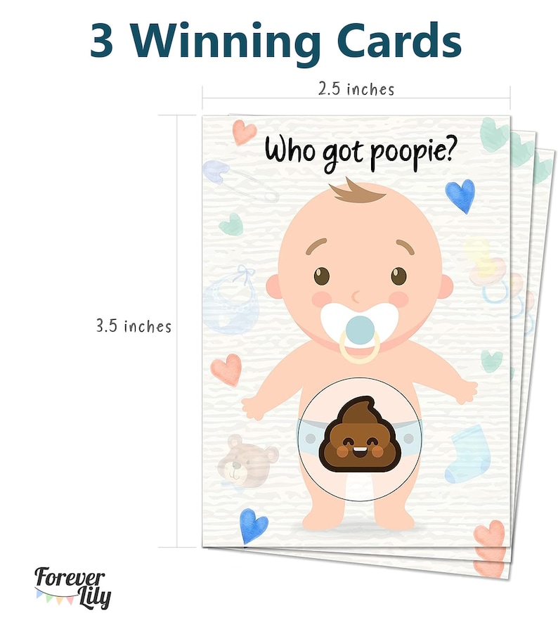 K&ouml;nnte beinhalten: Drei Babyparty-Spielkarten im Format 3,5 x 2,5 Zoll mit einem Cartoon-Baby mit Schnuller und einem l&auml;chelnden Kack-Emoji auf der Windel. Der Text auf der Karte lautet "Wer hat gepupst?"