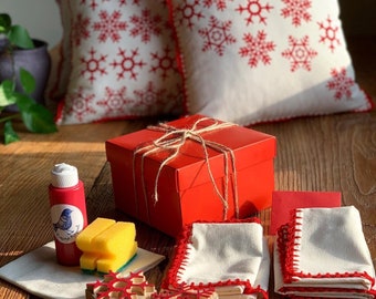 Kit de production de Noël, 3 impressions au bloc, 1 peinture textile rouge, 2 taies d'oreiller et tout ce qui vous attend pour la production