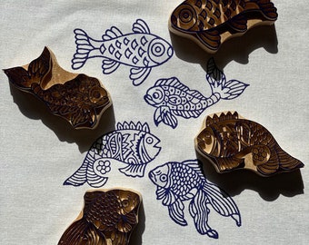 Wooden Patterned Fishs  block print stamp 4 pcs