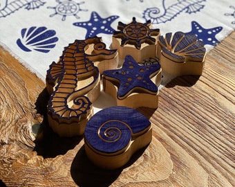 Wooden Seahorse , Rudders and Shells  block print stamp 5 pcs