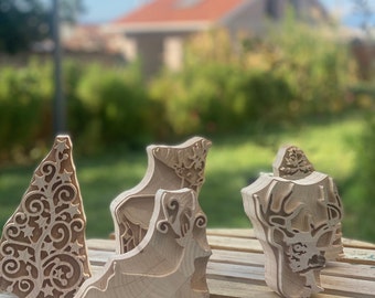 Wooden Noel block print stamps 5pcs