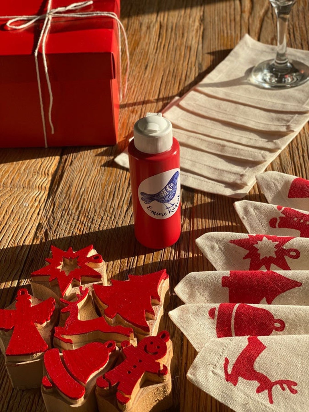 Christmas Block Print Set: Mini Stamps, Napkin Holder, Red Fabric Paint ...