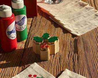 Wooden block print ,1 pcs kokina Christmas block print and 6pcs cocktail napkin holder and 125ml red fabric paint , fabric print