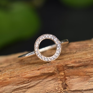 Anillo de círculo abierto, anillo de círculo redondo con circonitas, anillo de plata de ley 925, anillo relleno de oro de 18 quilates, anillo con micropavé, anillo Karma, anillo de diamantes con circonitas