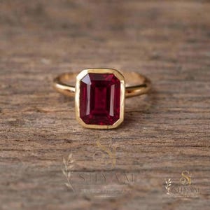 Ruby Emerald Cut Ring, Gemstone Minimalist Statement Ring, July Birthstone Jewelry Unique Bridal gift