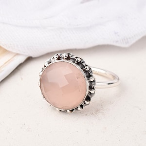 Natürlicher Rosenquarzring, 925 Sterlingsilberring, Rosa Edelsteinring, runder Rosenquarzring für sie, Geburtssteinring, Geschenk für sie,