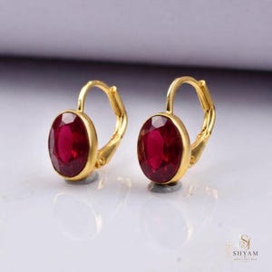 Pendientes ovalados de oro rosa con rubí, plata de ley 925, pendientes colgantes con cierre de palanca, joyería con piedras preciosas, regalo para ella.