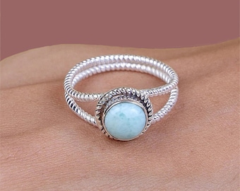 Natural Larimar Ring, Larimar Ring, Gemstone Jewelry, Handmade Designer Ring, 925 Sterling Silver, Round Larimar Ring, Everyday Silver Ring