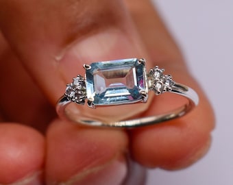 Natural Blue Topaz 925 Sterling Silver Ring, Baguette Gemstone Ring, Birthstone Jewelry, Birthday Gift For Her, Women Anniversary Jewelry