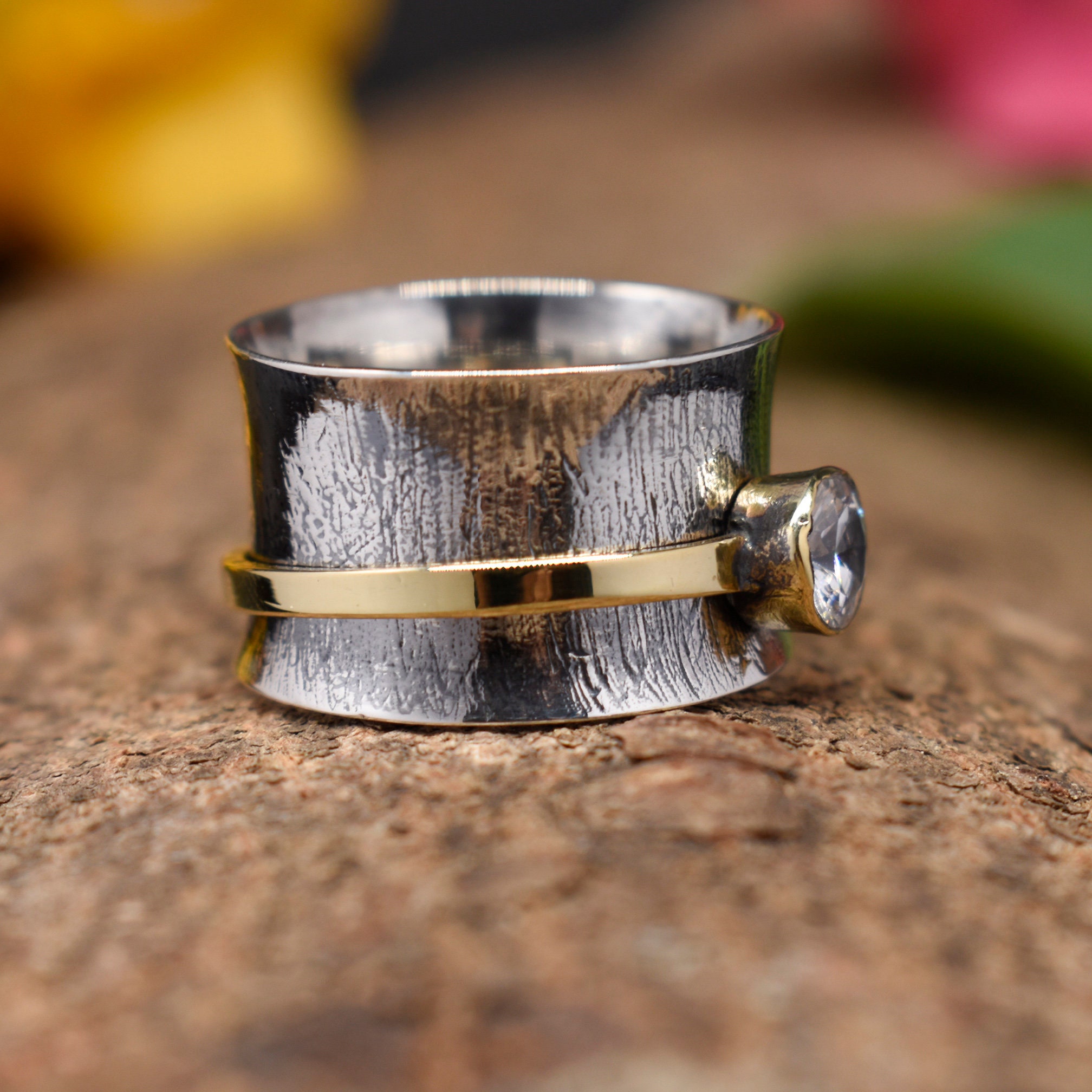 Crystal Spinner Ring Two Tone Spinner Ring Boho Handmade Etsy