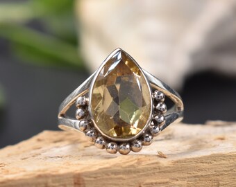 Natural Citrine Ring, Citrine Ring, Gemstone Jewelry, 925 Sterling Silver, Women Birthstone Gift, Statement Citrine Ring, Faceted Pear Ring