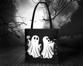 Geister beste Freunde - gruselige Sammlung - Einkaufstasche - Blumen - Halloween Carryall, gruselige wiederverwendbare Tasche, süße Geist-Einkaufstasche, verwunschene Tasche