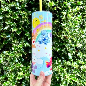 Cute Rainbow Care Bears inspired tumbler | stainless steel tumbler | 20 oz tumbler for hot or cold drinks with push on lid and straw.