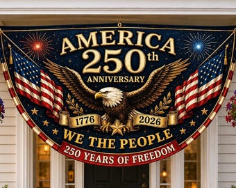 Bandeira comemorativa do 250º aniversário dos EUA, bandeira semicircular "América 1776–2026", decoração cristã para varanda, decoração para o Quatro de Julho.