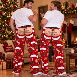 May include: Red pajama pants featuring a festive pattern of Santa hats, snowflakes, candy canes, and holly. The pants include a rear flap with a black belt graphic and the text "DO NOT OPEN UNTIL CHRISTMAS" printed above a bow illustration.