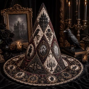 Victorian Gothic Quilted Witch Hat Decor, Haunted Mansion Halloween Centerpiece, Raven Black Rose Fabric Table Decoration